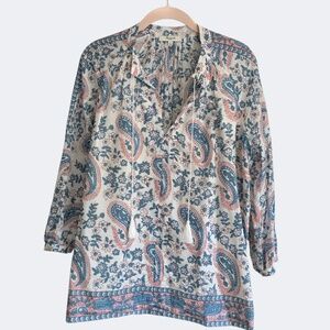 Madewell Camelia Paisley Print Tassel Cotton Silk Boho Pink Blue Peasant Top S